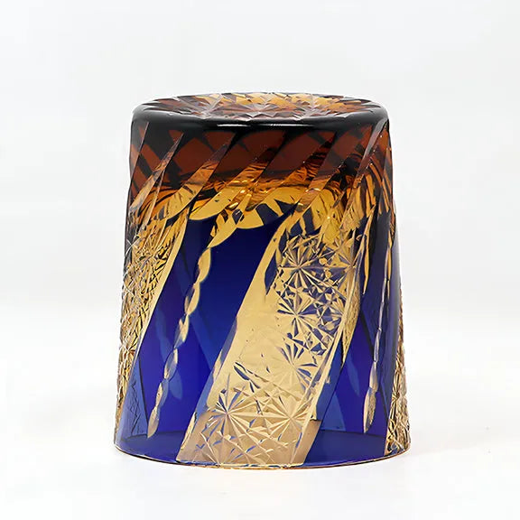 Edo Kiriko Amber & Sapphire Chrysanthemum Whisky Glass – Hand-Carved Premium Crystal Glass | Floating Elegance