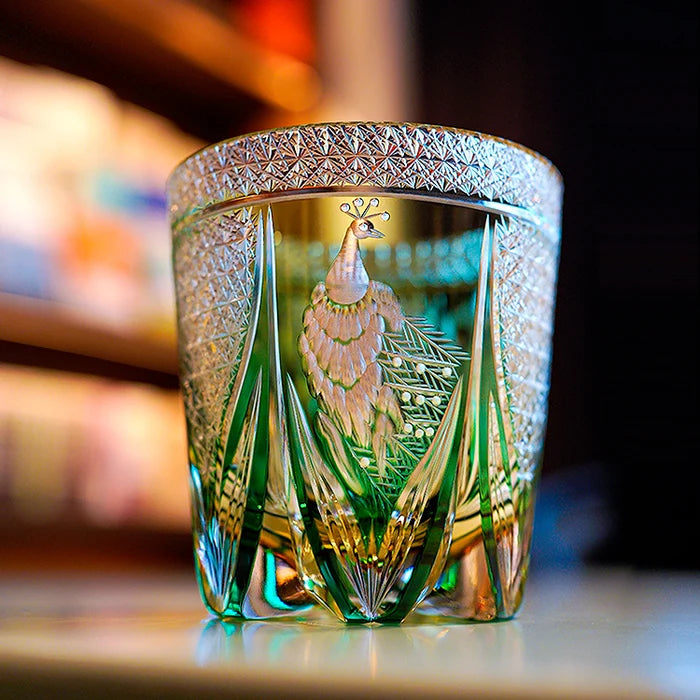 Edo Kiriko Hand-Carved Emerald Peacock Whiskey Glass – A Verdant Gem of Japanese Artistry