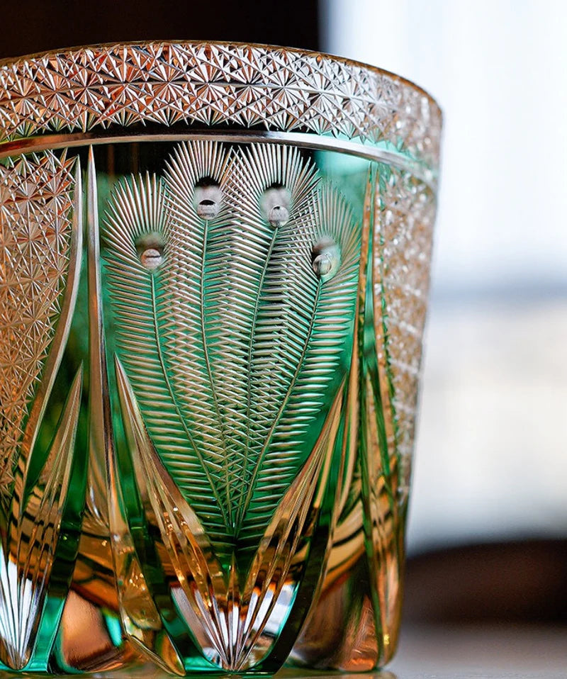 Edo Kiriko Hand-Carved Emerald Peacock Whiskey Glass – A Verdant Gem of Japanese Artistry