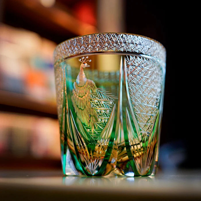 Edo Kiriko Hand-Carved Emerald Peacock Whiskey Glass – A Verdant Gem of Japanese Artistry