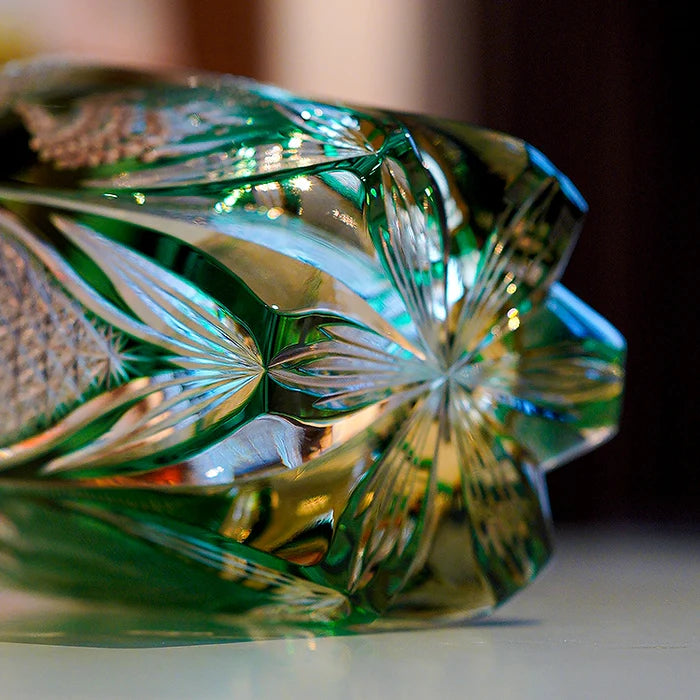 Edo Kiriko Hand-Carved Emerald Peacock Whiskey Glass – A Verdant Gem of Japanese Artistry