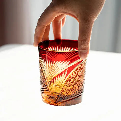 Edo Kiriko Red Crane Feather Whisky Glass – Hand-Carved Premium Crystal Glass | Sunset Wings
