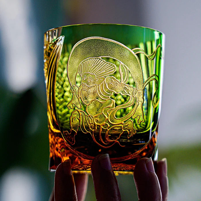 Edo Kiriko Hand-Carved Fujin Whisky Glass – A Dance of Divine Wind