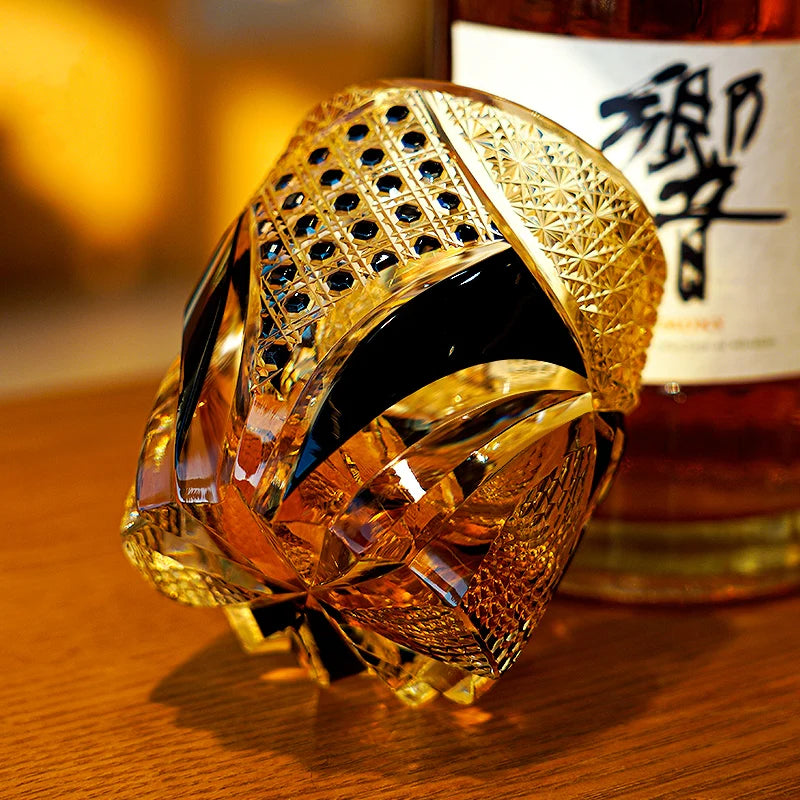 Edo Kiriko Hand-Carved Imperial Dark Knight Whisky Glass – A Crown of Timeless Majesty