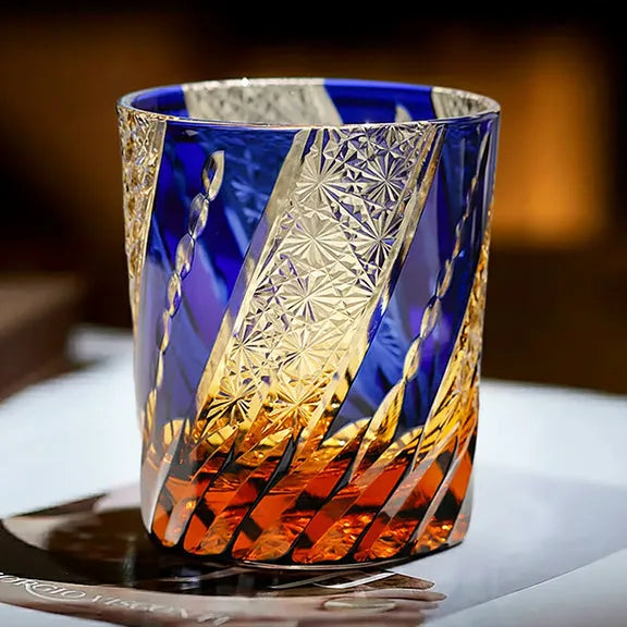 Edo Kiriko Amber & Sapphire Chrysanthemum Whisky Glass – Hand-Carved Premium Crystal Glass | Floating Elegance