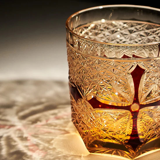 Edo Kiriko Hand-Carved Amber-Red Cross Whiskey Glass – An Intersection of Light and Legacy