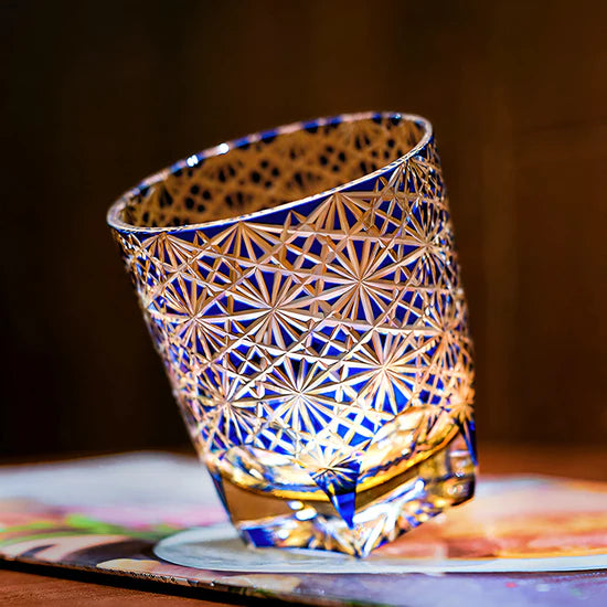 Edo Kiriko Hand-Carved Blue Daisy Whisky Glass – A Blossom of Serenity in Crystal