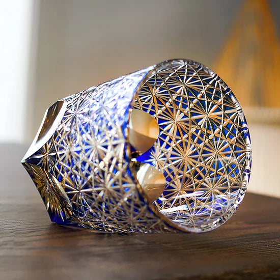 Edo Kiriko Hand-Carved Blue Daisy Whisky Glass – A Blossom of Serenity in Crystal