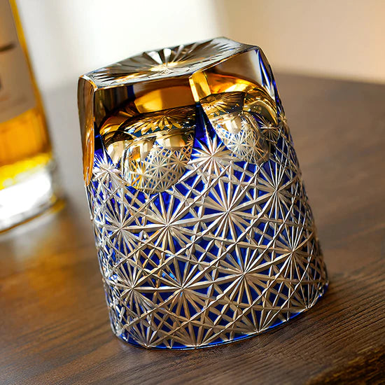 Edo Kiriko Hand-Carved Blue Daisy Whisky Glass – A Blossom of Serenity in Crystal