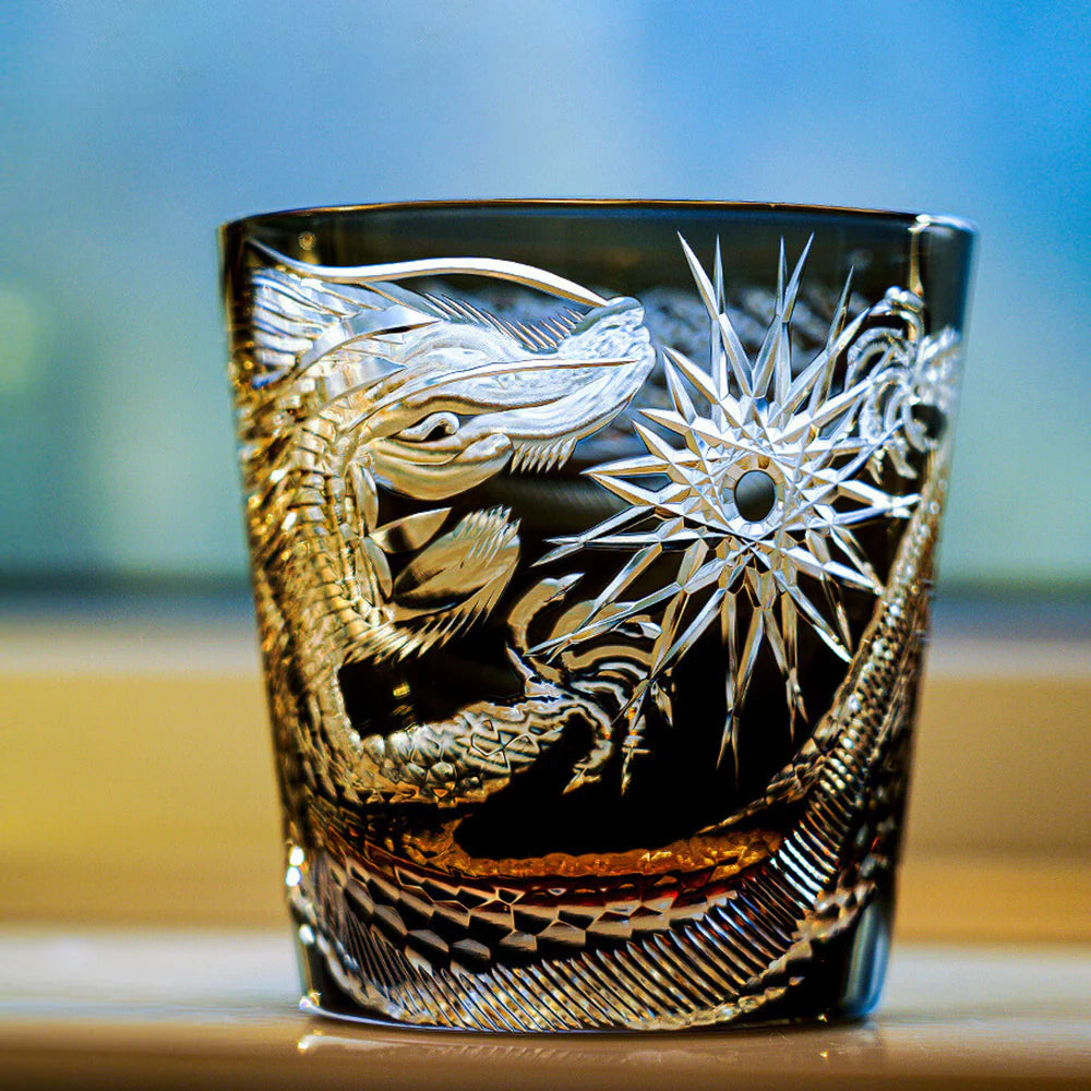 Edo Kiriko Hand-Carved Soaring Dragon Whiskey Glass – An Ascendant Myth in Crystal