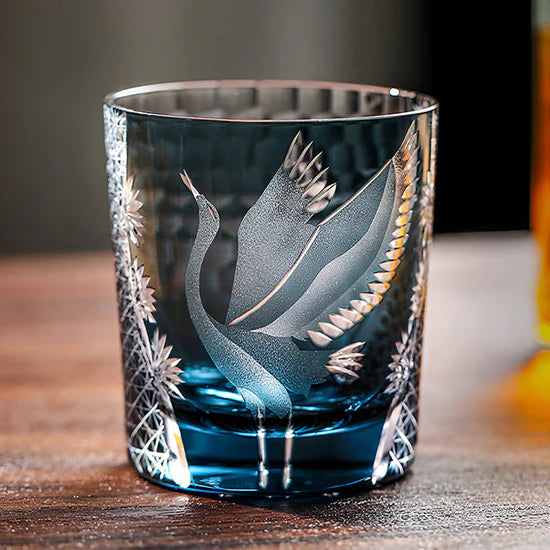 Edo Kiriko Hand-Carved Soaring Crane Whisky Glass – A Symbol of Grace in Flight