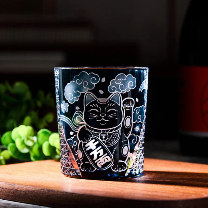 Edo Kiriko Aoi Maneki Neko Whisky Glass – Hand-Carved Premium Crystal Glass | Fortune in Blue