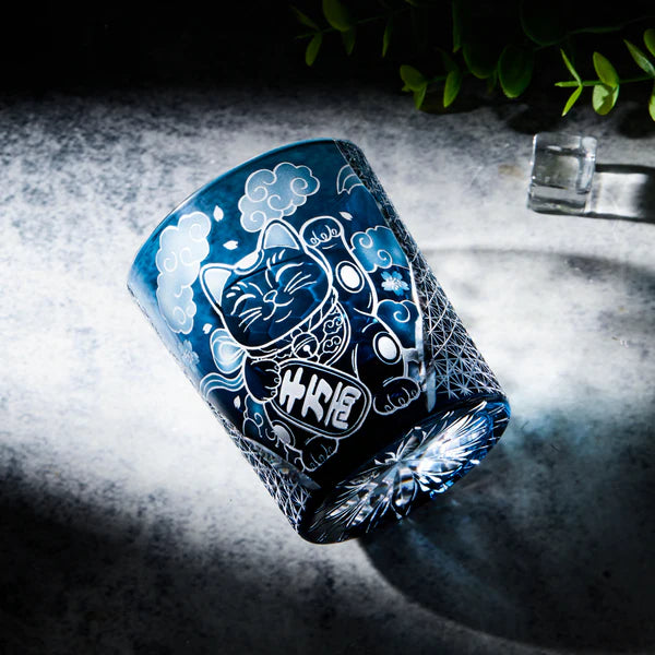 Edo Kiriko Aoi Maneki Neko Whisky Glass – Hand-Carved Premium Crystal Glass | Fortune in Blue
