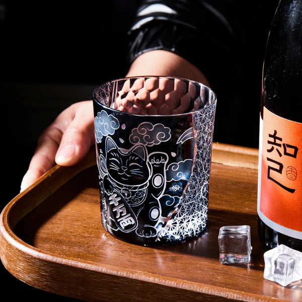 Edo Kiriko Aoi Maneki Neko Whisky Glass – Hand-Carved Premium Crystal Glass | Fortune in Blue