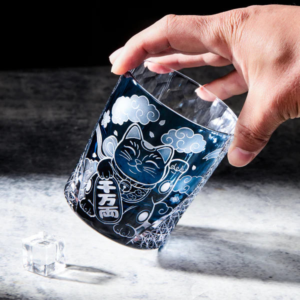 Edo Kiriko Aoi Maneki Neko Whisky Glass – Hand-Carved Premium Crystal Glass | Fortune in Blue