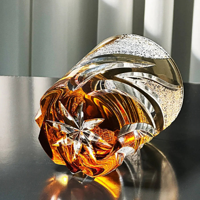 Edo Kiriko Emberlight Amber Whisky Glass – Hand-Carved Premium Crystal Glass | Warmth & Radiance