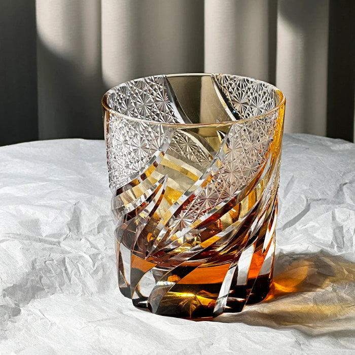 Edo Kiriko Emberlight Amber Whisky Glass – Hand-Carved Premium Crystal Glass | Warmth & Radiance