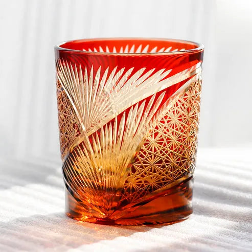 Edo Kiriko Red Crane Feather Whisky Glass – Hand-Carved Premium Crystal Glass | Sunset Wings