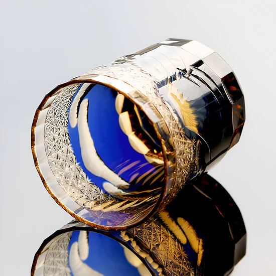 Edo Kiriko Hand-Carved Mount Fuji Whiskey Glass – A Mountain’s Majesty in Blue Crystal