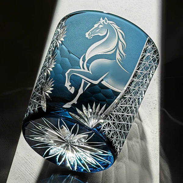 Edo Kiriko Azure Horse Whisky Glass – Hand-Carved Premium Crystal Glass | Noble Spirit