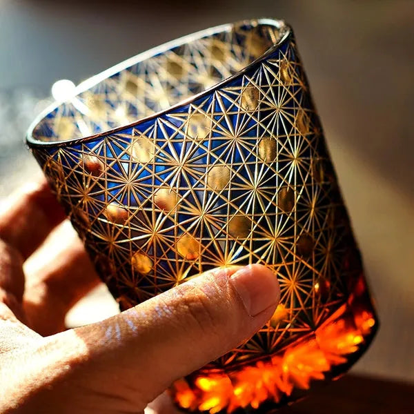 Edo Kiriko Amber Star Chrysanthemum Whisky Glass – Hand-Carved Premium Crystal Glass | Twilight Radiance