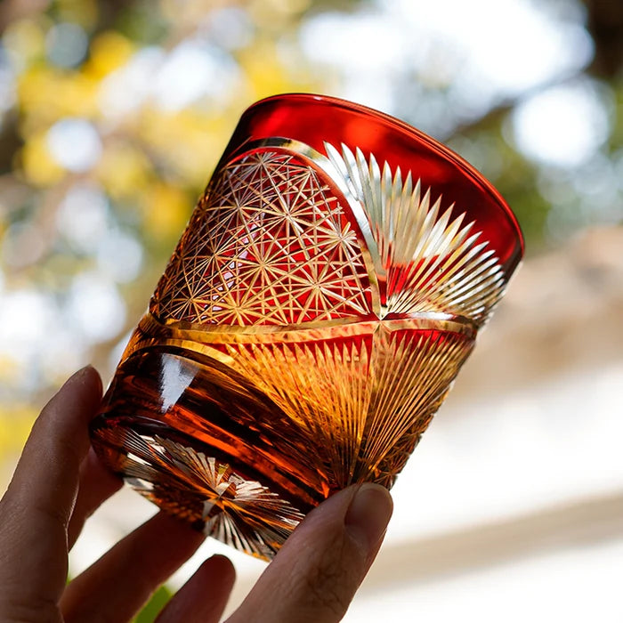 Edo Kiriko Hand-Carved Red Crane Feather Whiskey Glass – Wings of Grace, Cuts of Eternity