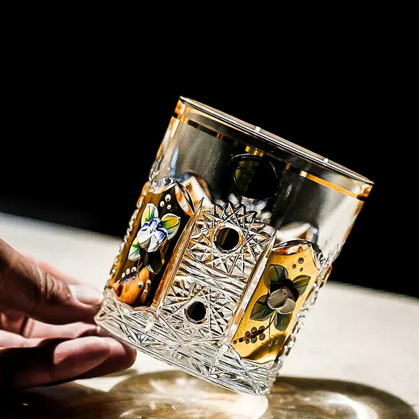 Bohemia Enchanted Blossom Whisky Glass – Hand-Cut Czech Crystal | Gold Enamel