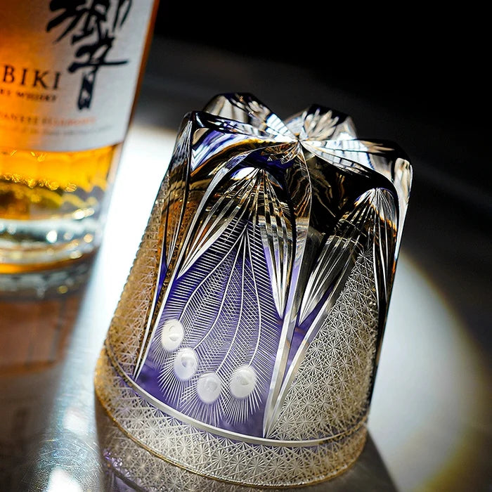 Edo Kiriko Hand-Carved Violet Peacock Whiskey Glass – A Royal Bloom in Crystal