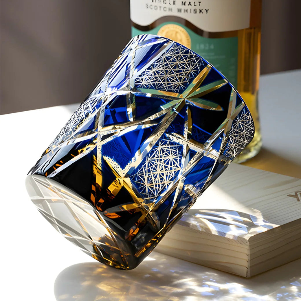Edo Kiriko Hand-Carved Dark Blue Lightning Pattern Whiskey Glass — A Strike of Power, Craft, and Elegance