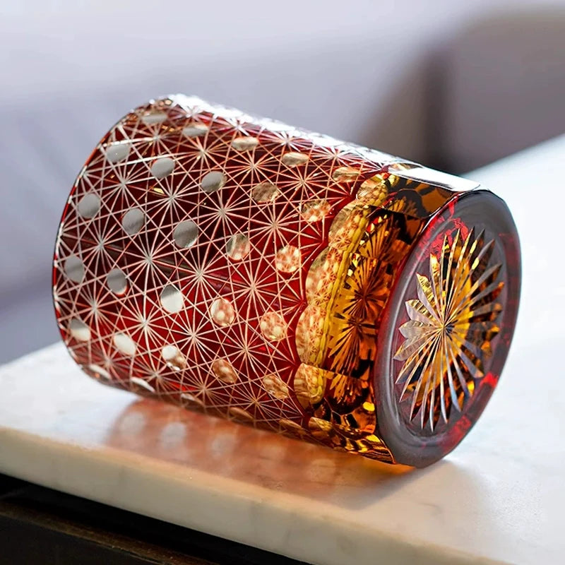 Edo Kiriko Hand-Carved Amber Star Chrysanthemum Whiskey Glass – Sunset Petals in Crystal Bloom