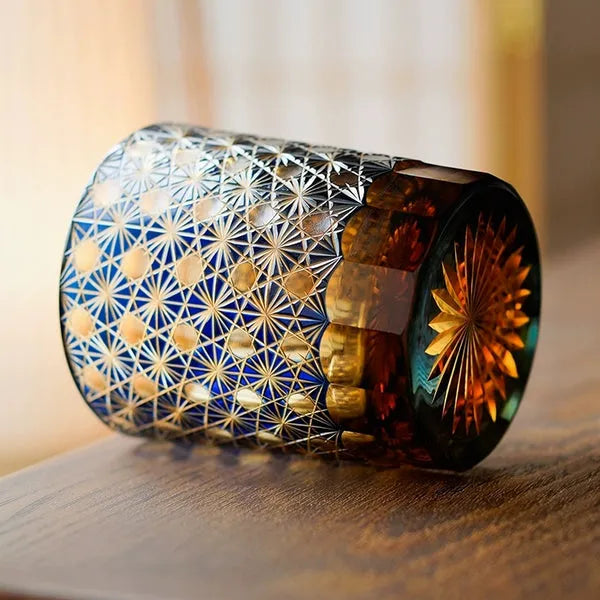 Edo Kiriko Amber Star Chrysanthemum Whisky Glass – Hand-Carved Premium Crystal Glass | Twilight Radiance