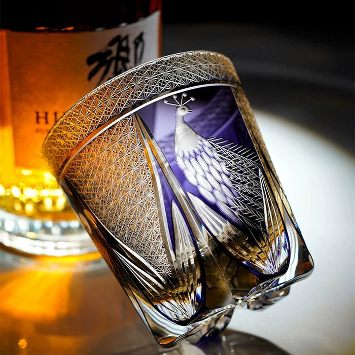 Edo Kiriko Hand-Carved Violet Peacock Whiskey Glass – A Royal Bloom in Crystal