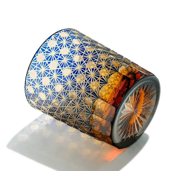 Edo Kiriko Amber Star Chrysanthemum Whisky Glass – Hand-Carved Premium Crystal Glass | Twilight Radiance