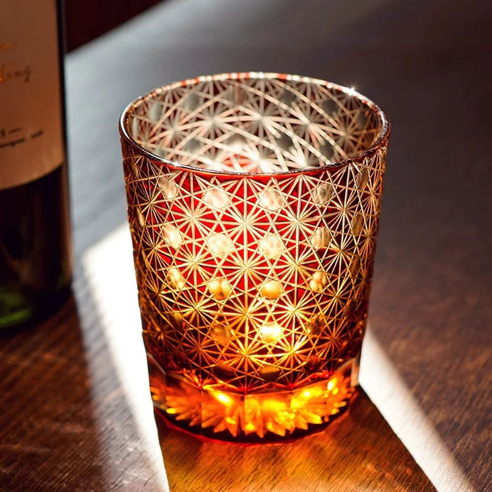 Edo Kiriko Hand-Carved Amber Star Chrysanthemum Whiskey Glass – Sunset Petals in Crystal Bloom
