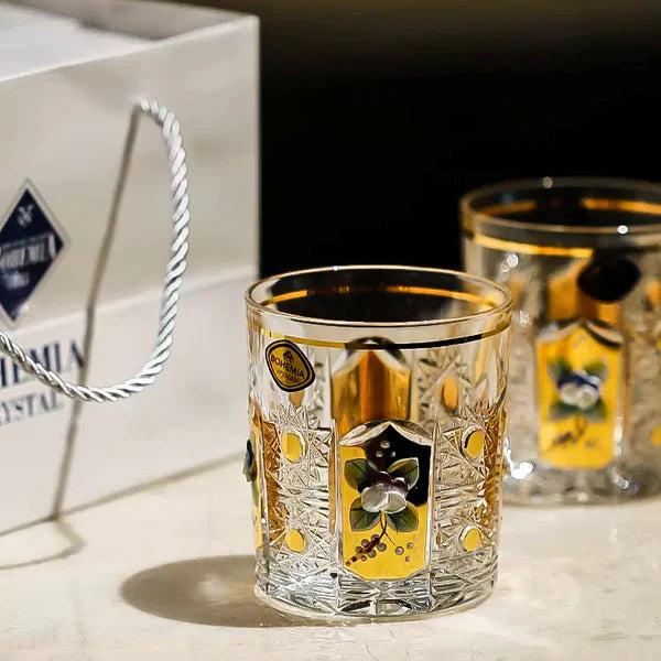 Bohemia Enchanted Blossom Whisky Glass – Hand-Cut Czech Crystal | Gold Enamel
