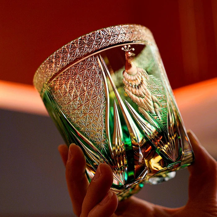 Edo Kiriko Hand-Carved Emerald Peacock Whiskey Glass – A Verdant Gem of Japanese Artistry