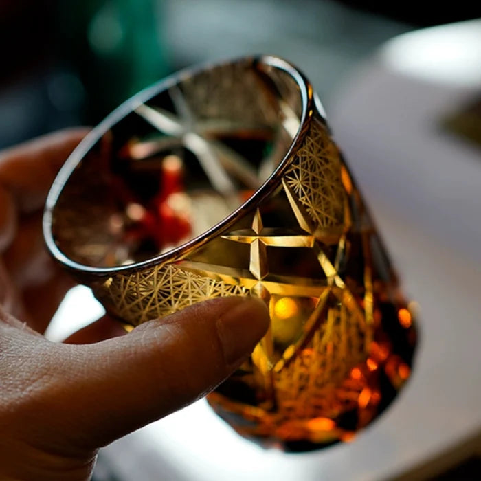 Edo Kiriko Hand-Carved Amber Lightning Pattern Whiskey Glass — A Strike of Power, Craft, and Elegance