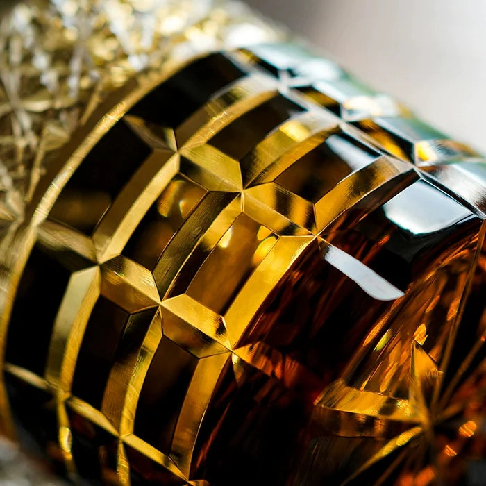Edo Kiriko Hand-Carved Diamond Amber Grid Whiskey Glass – A Masterpiece of Light, Precision, and Heritage
