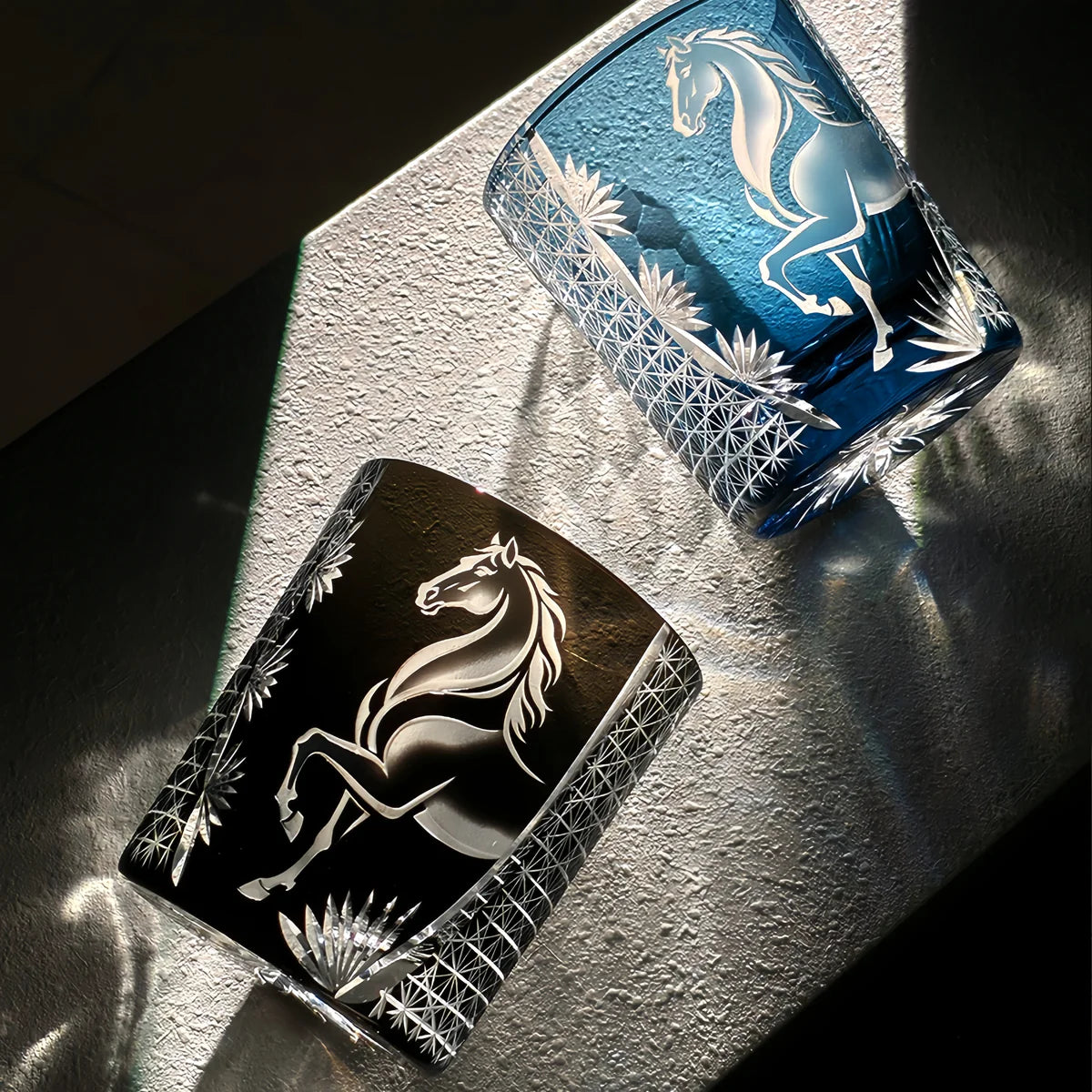 Edo Kiriko Midnight Horse Whisky Glass – Hand-Carved Premium Crystal Glass | Bold Dignity