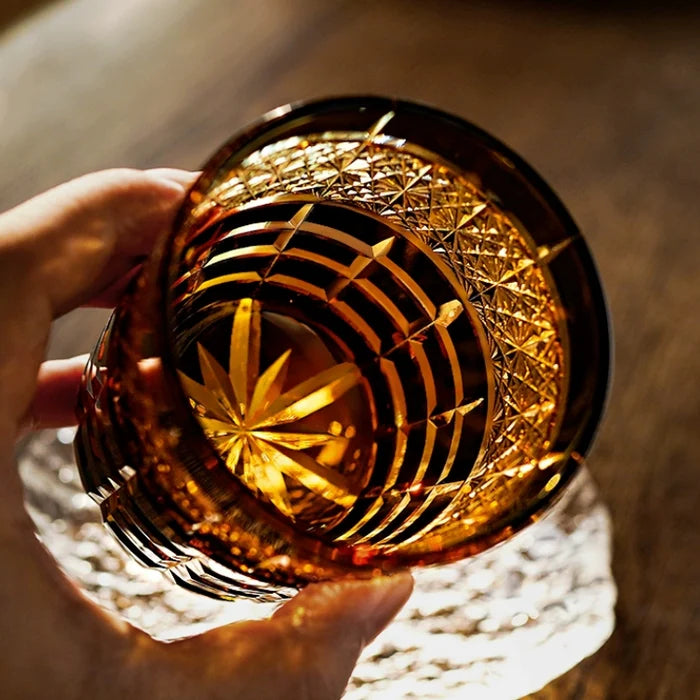 Edo Kiriko Hand-Carved Diamond Amber Grid Whiskey Glass – A Masterpiece of Light, Precision, and Heritage