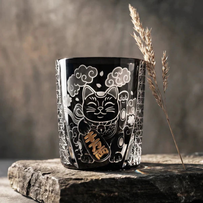Edo Kiriko Kuro Kin Maneki Neko Whisky Glass – Hand-Carved Premium Crystal Glass | Gold & Midnight