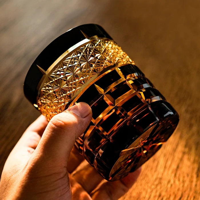 Edo Kiriko Hand-Carved Diamond Amber Grid Whiskey Glass – A Masterpiece of Light, Precision, and Heritage