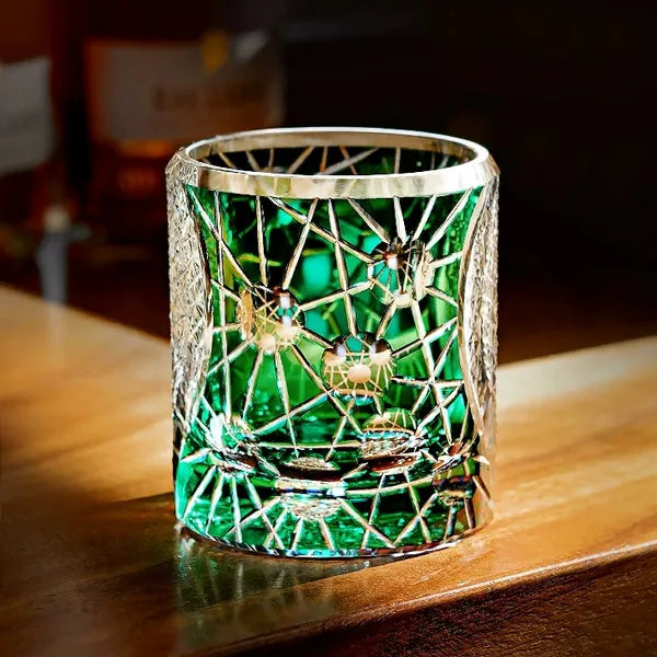 Edo Kiriko Night Jewel Whisky Glass – Emerald – Hand-Carved Premium Crystal Glass | Starlit Aurora