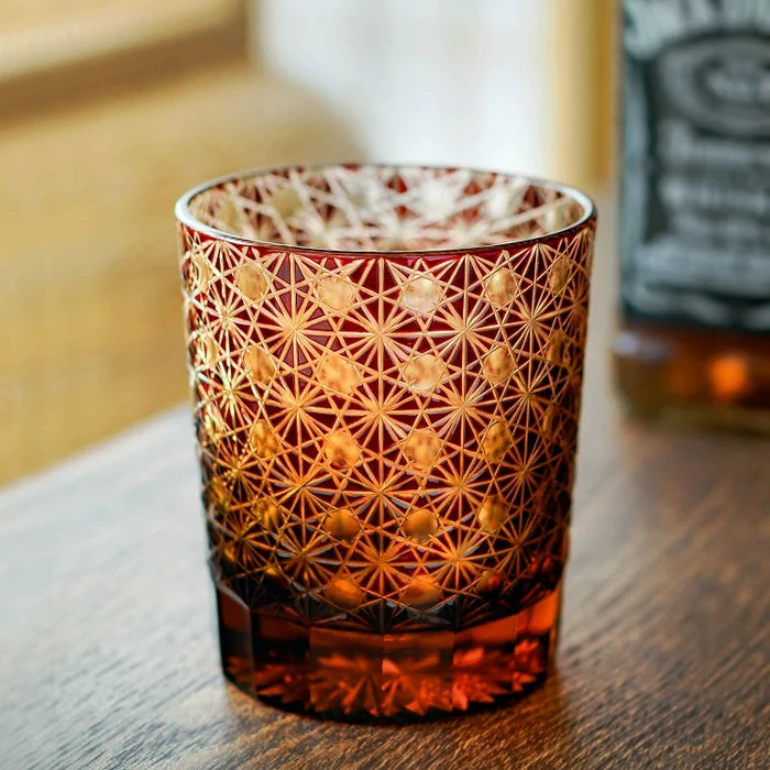 Edo Kiriko Hand-Carved Amber Star Chrysanthemum Whiskey Glass – Sunset Petals in Crystal Bloom