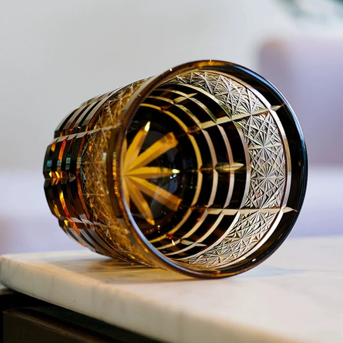Edo Kiriko Hand-Carved Diamond Amber Grid Whiskey Glass – A Masterpiece of Light, Precision, and Heritage
