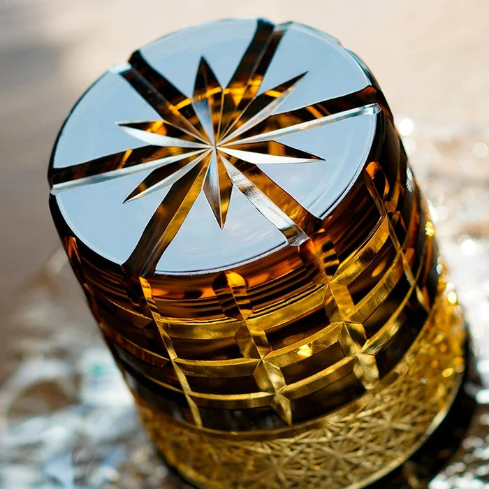Edo Kiriko Hand-Carved Diamond Amber Grid Whiskey Glass – A Masterpiece of Light, Precision, and Heritage