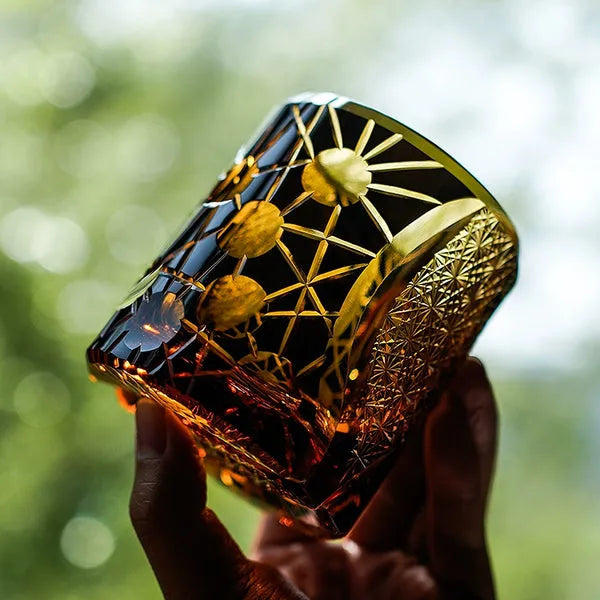 Edo Kiriko Night Jewel Whisky Glass – Amber – Hand-Carved Premium Crystal Glass | Starlit Amber
