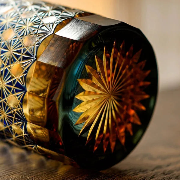 Edo Kiriko Amber Star Chrysanthemum Whisky Glass – Hand-Carved Premium Crystal Glass | Twilight Radiance