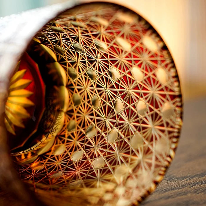 Edo Kiriko Hand-Carved Amber Star Chrysanthemum Whiskey Glass – Sunset Petals in Crystal Bloom