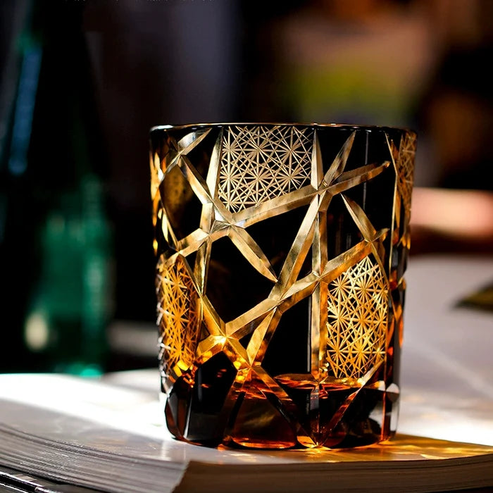 Edo Kiriko Hand-Carved Amber Lightning Pattern Whiskey Glass — A Strike of Power, Craft, and Elegance